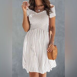 ePretty Off-Shoulder Striped Midi Dress in White and Beige